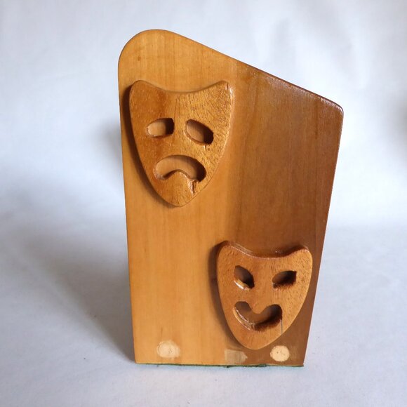 VINTAGE 12" COMEDY TRAGEDY MASK WOOD BOOKEND BOOK DVD CD ENTERTAINMENT HOLDER - Picture 8 of 10